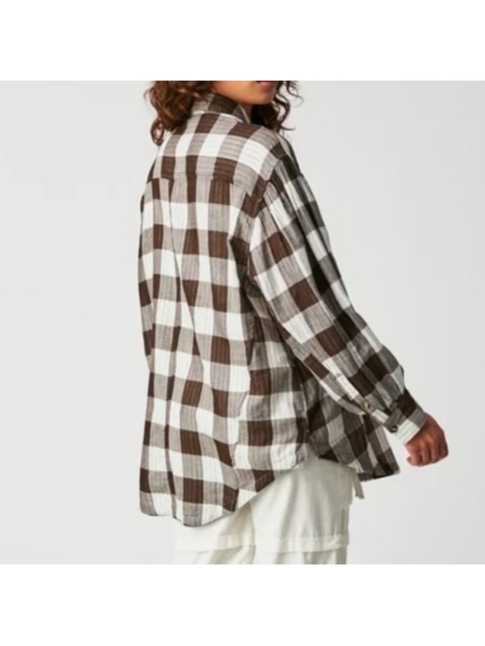 Free People Brown and White Plaid Button-Down Shirt - Picture 3 of 9